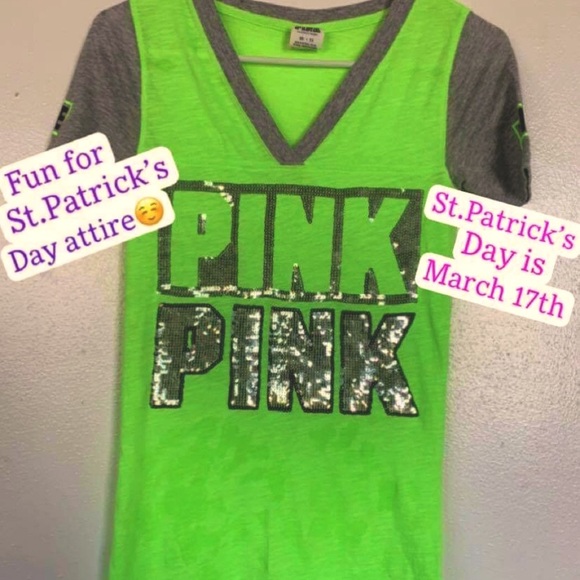 PINK Victoria's Secret Tops - PINK Victoria’s Secret SMALL Lime Green Gray Shirt
